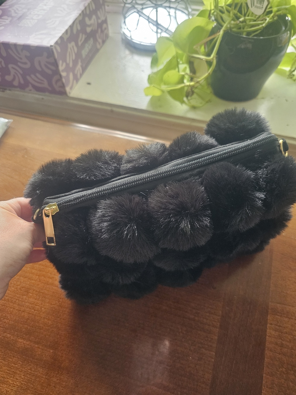 Black Faux-Fur Pom Pom Clutch Bag